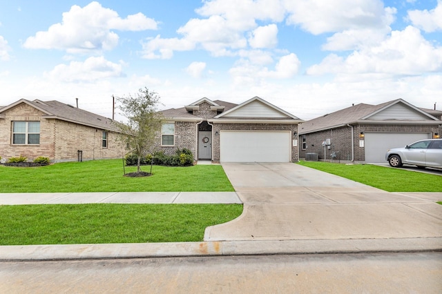 single story home featuring cooling unit, a front yard, and a garage