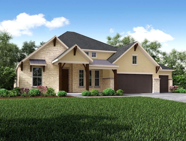 view of front of home with roof with shingles, stucco siding, concrete driveway, a front yard, and a garage