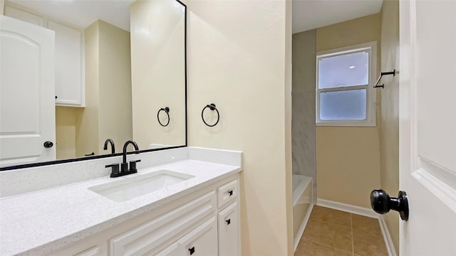 bathroom with shower / bathing tub combination, vanity, and tile patterned flooring