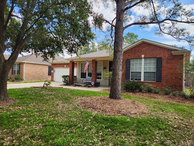 ranch-style home featuring a garage, a front lawn, and a porch