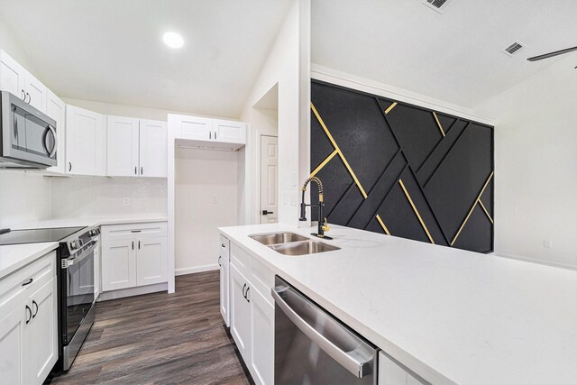 kitchen featuring vaulted ceiling, dark hardwood / wood-style floors, white cabinetry, appliances with stainless steel finishes, and sink