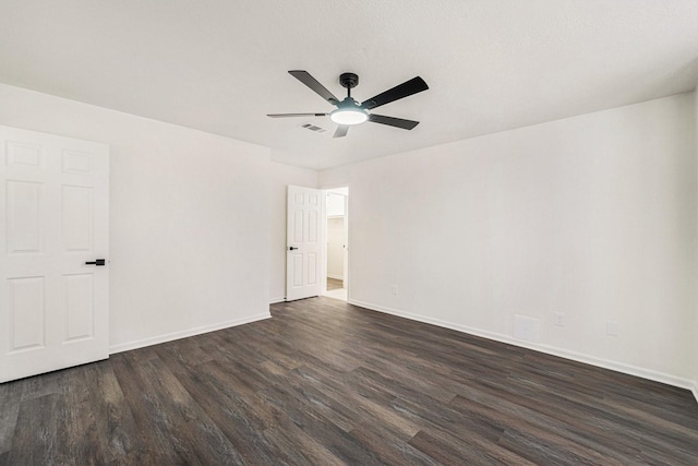 empty room featuring ceiling fan and dark wood-type flooring