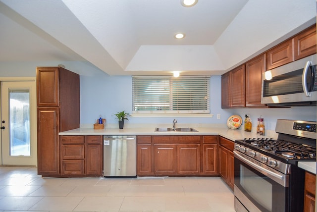 kitchen featuring sink, a raised ceiling, a healthy amount of sunlight, and appliances with stainless steel finishes