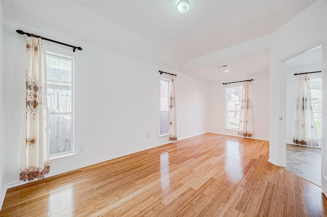 empty room with a textured ceiling, a healthy amount of sunlight, and light hardwood / wood-style floors