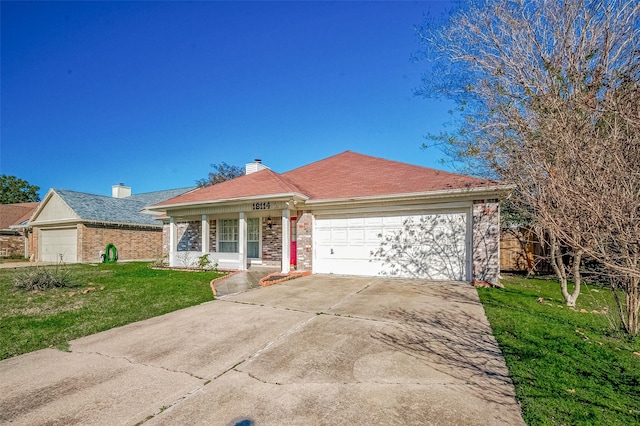 ranch-style house with a front lawn, a porch, and a garage