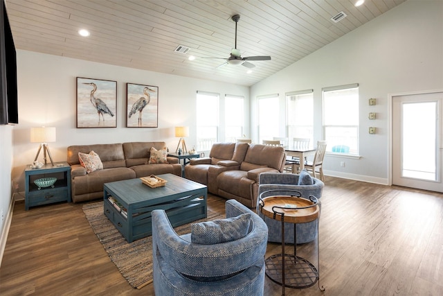 living room featuring ceiling fan, wooden ceiling, high vaulted ceiling, and dark hardwood / wood-style floors