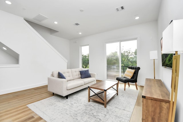 living room featuring light hardwood / wood-style floors and a wealth of natural light