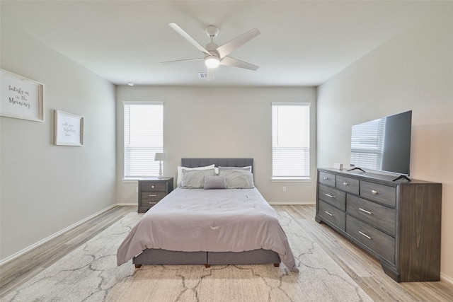 bedroom with ceiling fan and light wood-type flooring