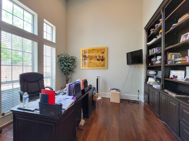 5003 Lockridge Sky Ln, Sugar Land, TX 77479 - home office with baseboards, dark wood-style floors, and a high ceiling