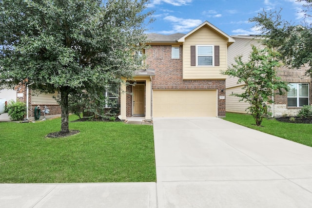 view of front of house with a garage and a front lawn