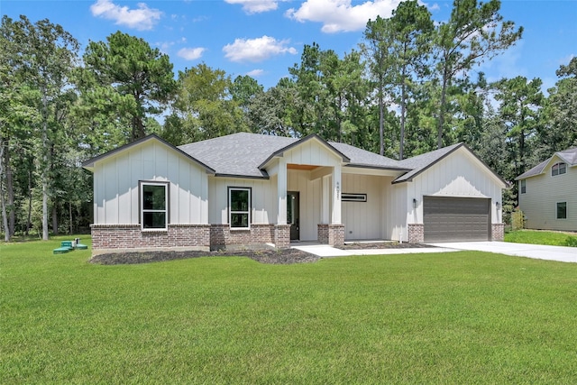 modern farmhouse with a garage and a front lawn