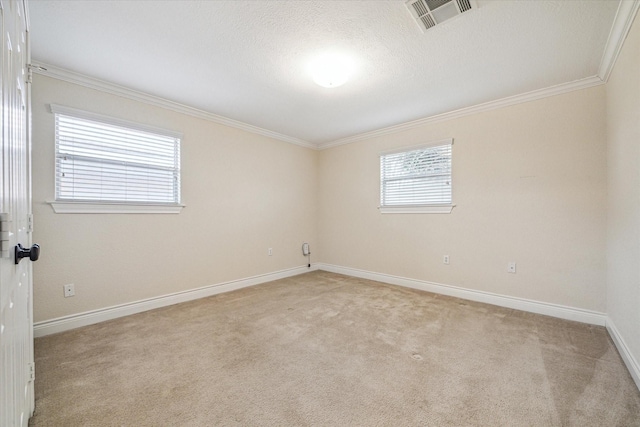 spare room featuring ornamental molding and light colored carpet