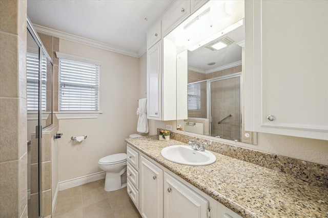 bathroom featuring an enclosed shower, tile patterned flooring, vanity, toilet, and ornamental molding