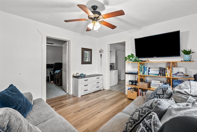 living room with light hardwood / wood-style floors and ceiling fan