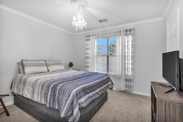 bedroom featuring ornamental molding, a chandelier, and light carpet