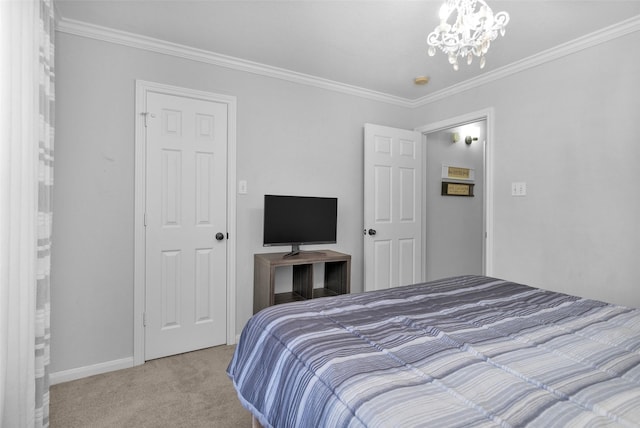 bedroom featuring a chandelier, crown molding, and light colored carpet