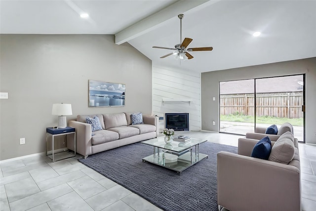 living room with high vaulted ceiling, ceiling fan, and beamed ceiling