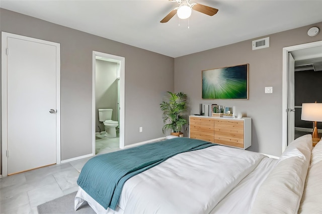 bedroom with ceiling fan and ensuite bath