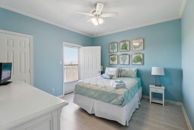 bedroom featuring ornamental molding, ceiling fan, and light hardwood / wood-style flooring