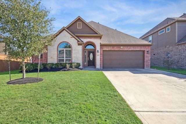 view of front of home featuring a front yard and a garage