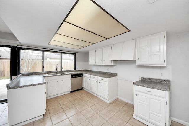 kitchen with white cabinets, light tile patterned flooring, dishwasher, and sink