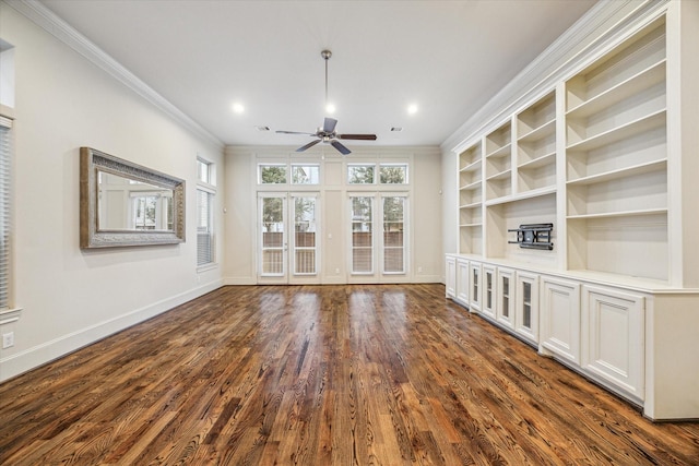 unfurnished living room featuring french doors, ceiling fan, ornamental molding, and dark hardwood / wood-style floors