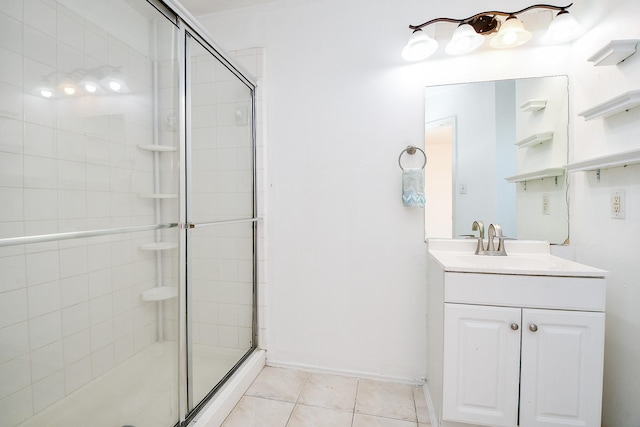 bathroom featuring walk in shower, vanity, and tile patterned floors