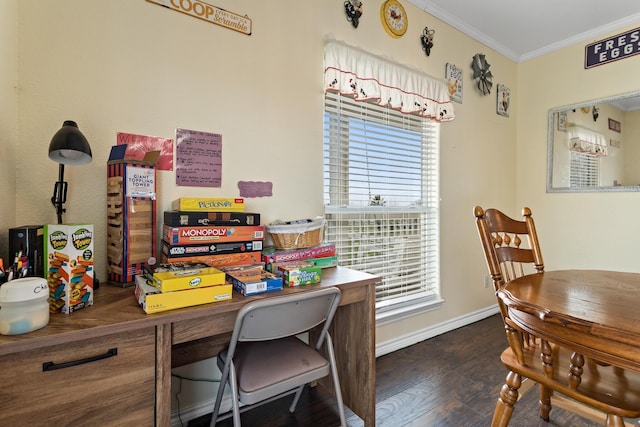 office featuring ornamental molding and dark hardwood / wood-style flooring