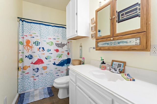 bathroom with toilet, tile patterned flooring, curtained shower, and vanity