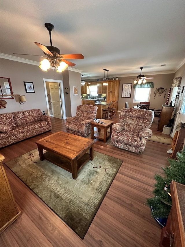 living room featuring ceiling fan, crown molding, and dark hardwood / wood-style flooring