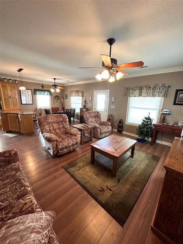 living room with dark hardwood / wood-style flooring, ornamental molding, and a healthy amount of sunlight