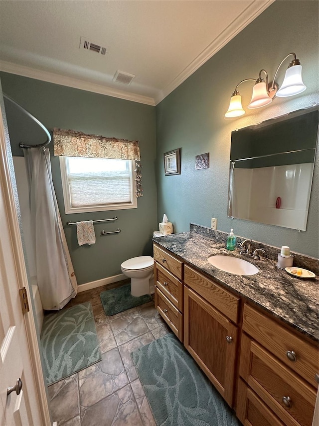 full bathroom with toilet, vanity, shower / bath combo, and crown molding