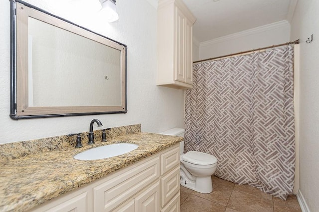 bathroom with toilet, tile patterned flooring, curtained shower, crown molding, and vanity