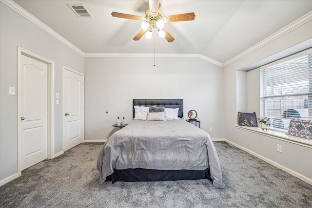 bedroom with ceiling fan, crown molding, vaulted ceiling, and carpet floors