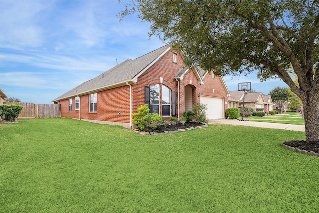 view of home's exterior with a garage and a lawn