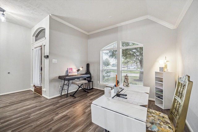 office featuring lofted ceiling, dark wood-type flooring, a textured ceiling, and ornamental molding