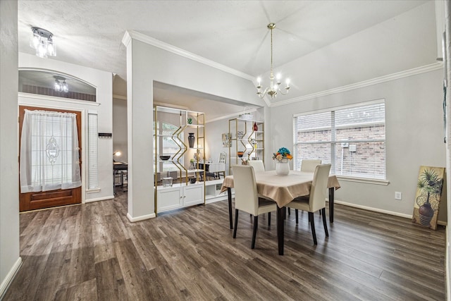 dining space featuring a chandelier, vaulted ceiling, ornamental molding, and dark wood-type flooring