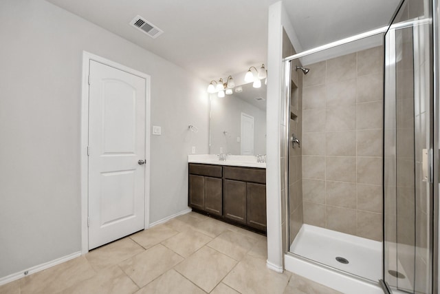 bathroom featuring vanity, tile patterned flooring, and a shower with door