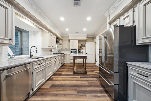 kitchen with white cabinets, high quality appliances, dark wood-type flooring, sink, and backsplash