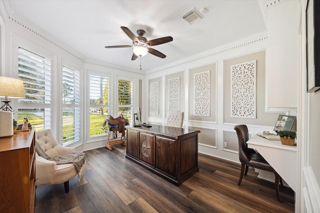 office area with ceiling fan, ornamental molding, a wealth of natural light, and dark hardwood / wood-style floors