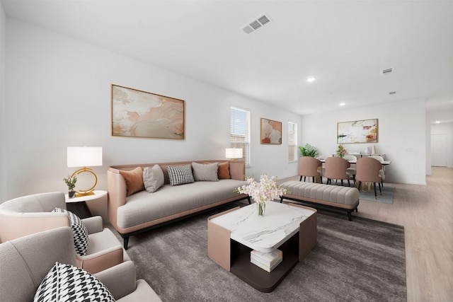 living room with dark wood-type flooring