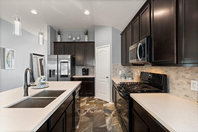 kitchen featuring dark brown cabinets, sink, decorative light fixtures, tasteful backsplash, and black appliances