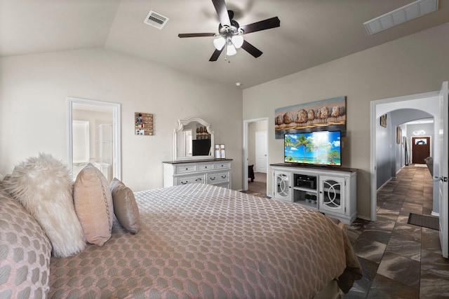 bedroom with ceiling fan and lofted ceiling