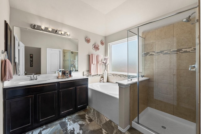 bathroom with vanity and plus walk in shower