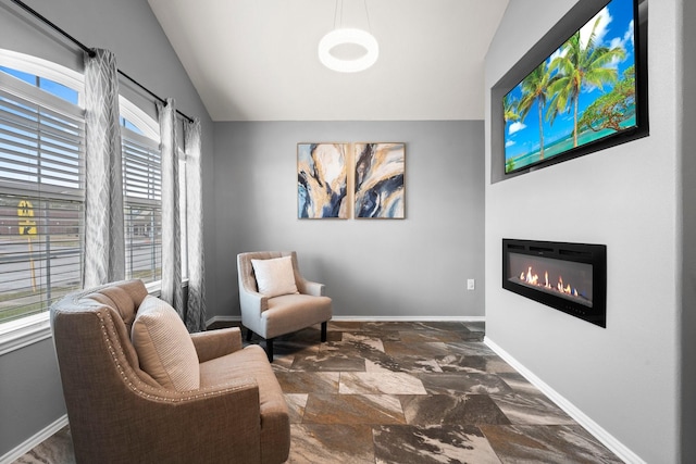 living area with vaulted ceiling