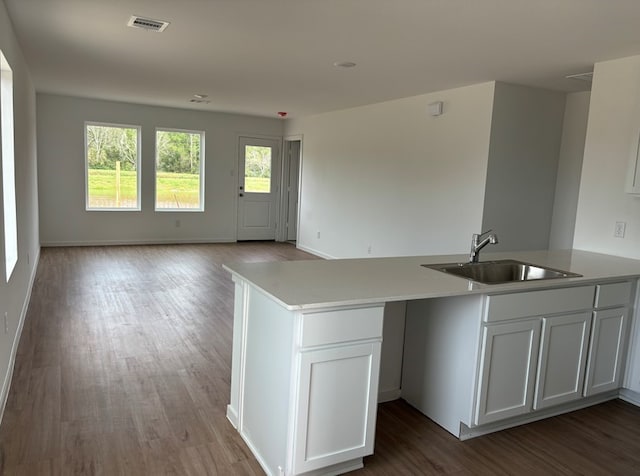 kitchen with white cabinets, light hardwood / wood-style flooring, kitchen peninsula, and sink