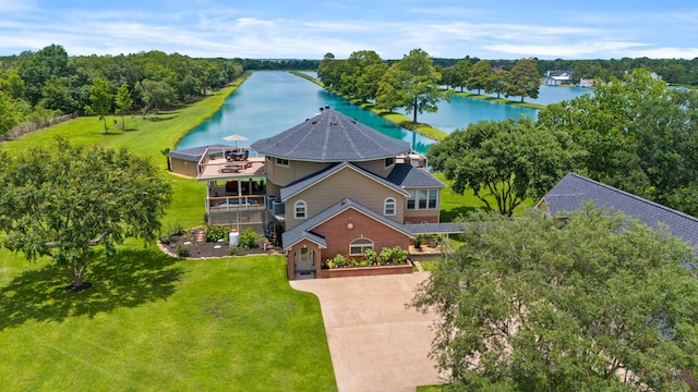 drone / aerial view featuring a water view