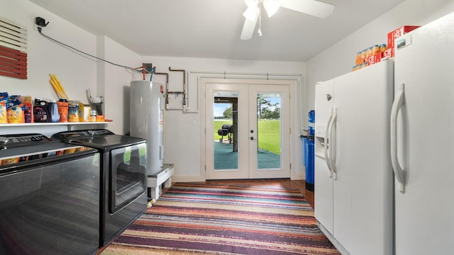 laundry room with separate washer and dryer, water heater, french doors, and ceiling fan