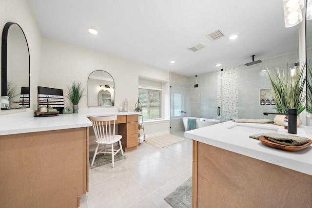 bathroom featuring an enclosed shower, tile patterned flooring, and vanity