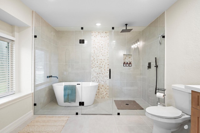 full bathroom featuring toilet, tile patterned floors, independent shower and bath, and vanity